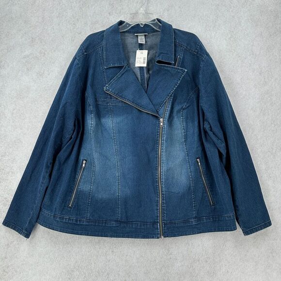 Catherines Jean Jacket Womens 3X Blue Denim Moto Full Zip Blue Stretch‎ Denim - Picture 1 of 8